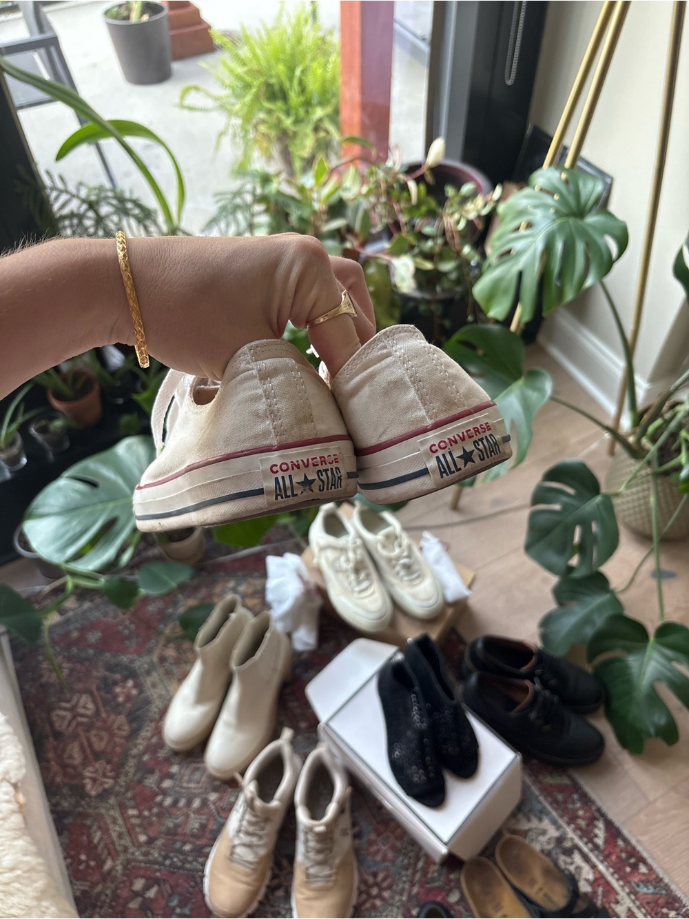 Converse Low Top Canvas Sneakers in Cream with Red Trim - Picture 2 of 3